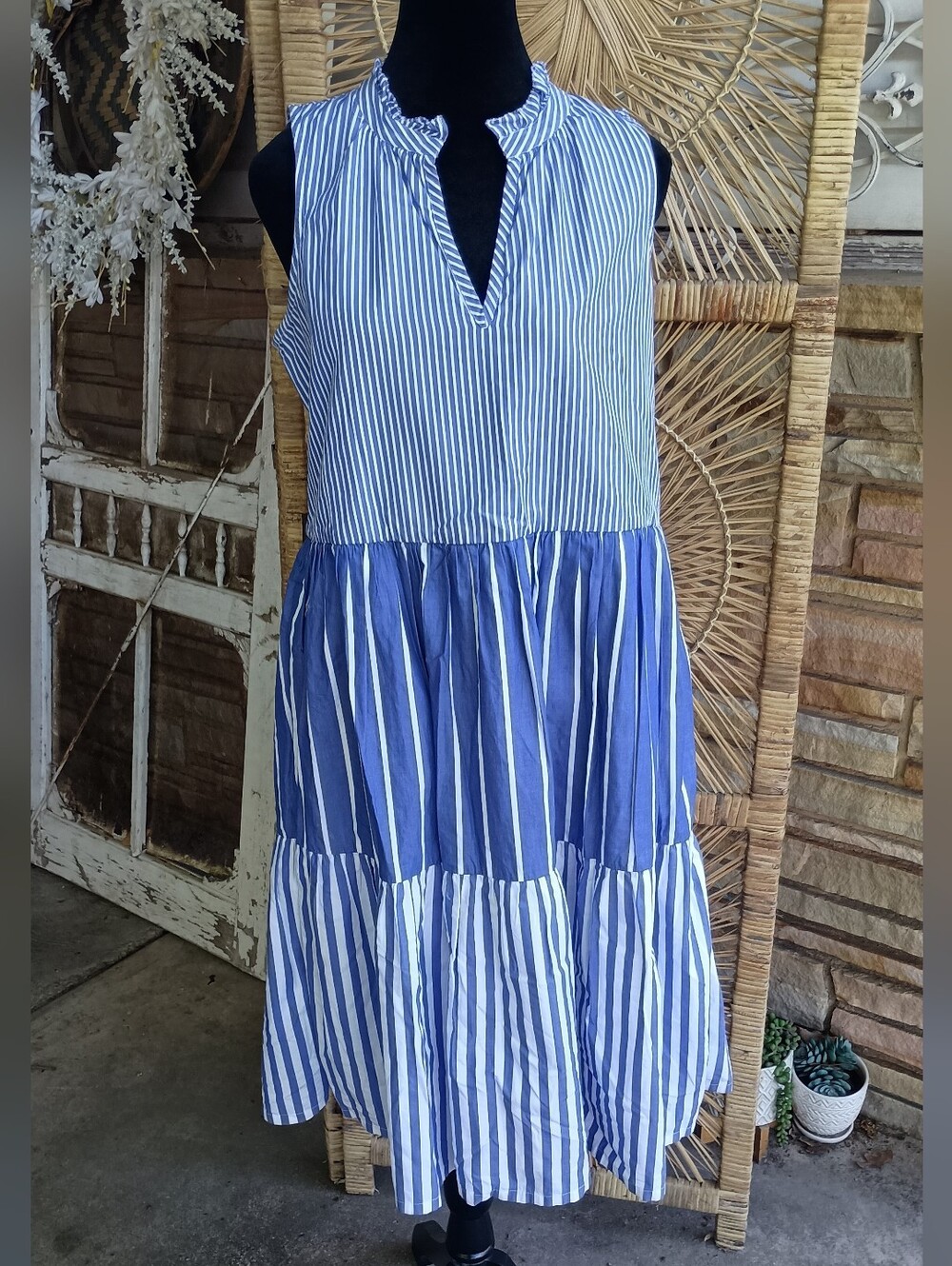 Jcrew Women's Blue/White Striped Tiered Sundress 100% Cotton With Pockets_L - Picture 3 of 9